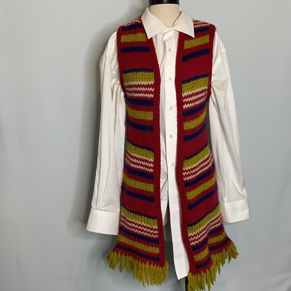 Hand Loomed Fringe Green Black Red Chunky Knit Cardigan Sweater Vest -Large